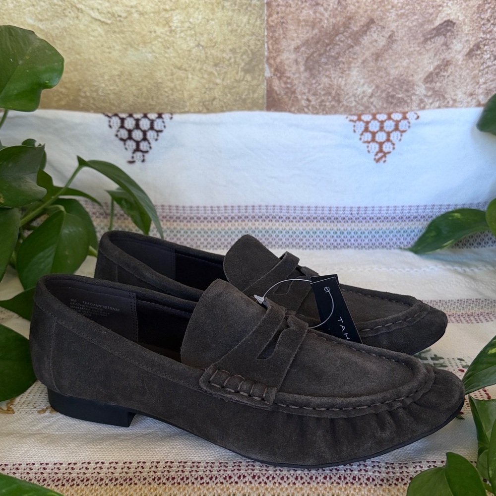 NEW Tahari Women’s Teagan Leather Suede Charcoal Dark Grey Penny Loafers Size 9M